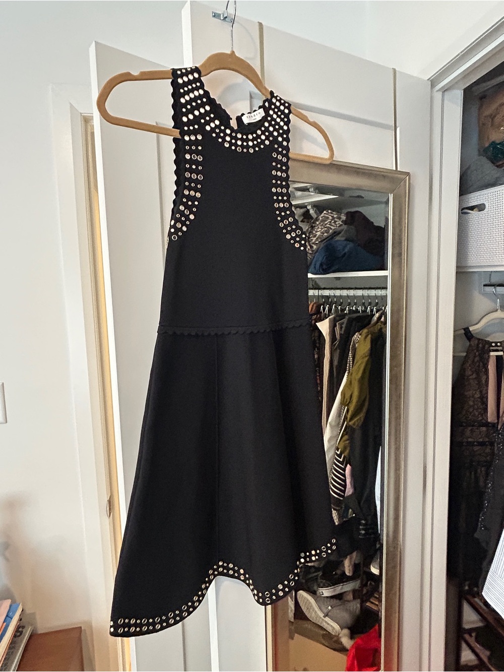 Sandro Black Eyelet-Detail Fit-and-Flare Mini Dress